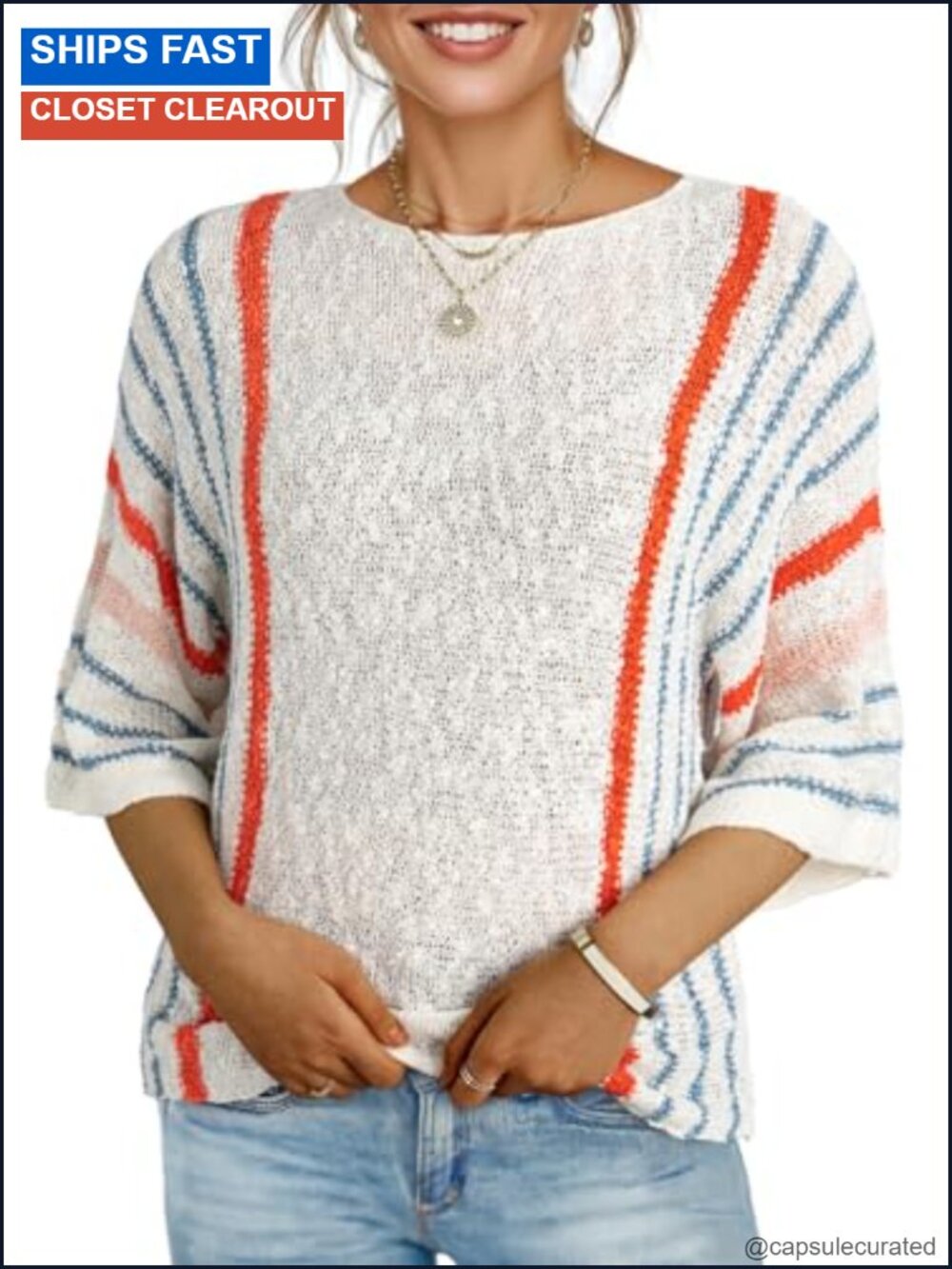 Women's 3/4 Sleeve Lightweight Knit Pullover Sweater